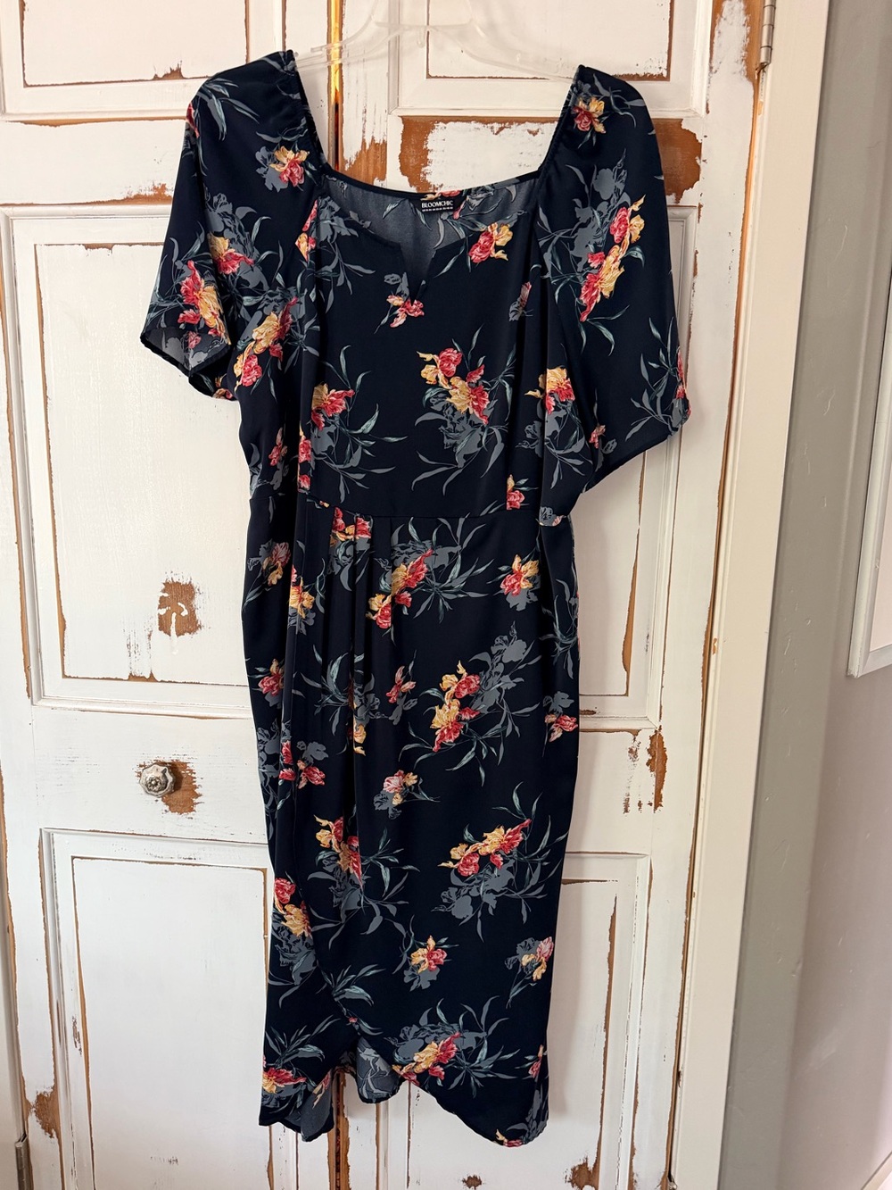 BloomChic Navy Floral Midi Dress with Pink & Yellow Roses